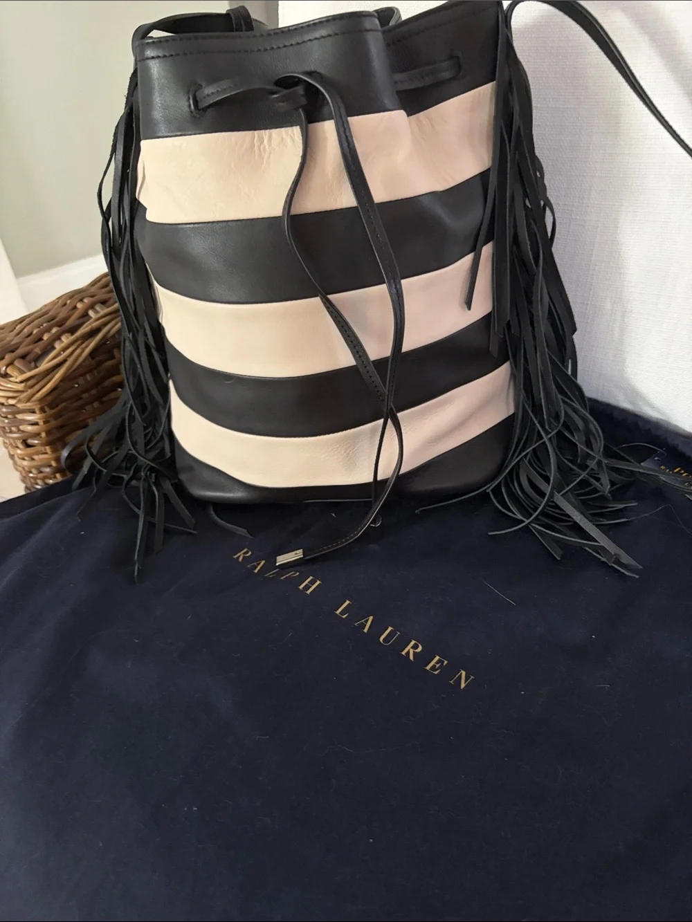 Ralph Lauren Black and cream leather bucket bag with wristlet
